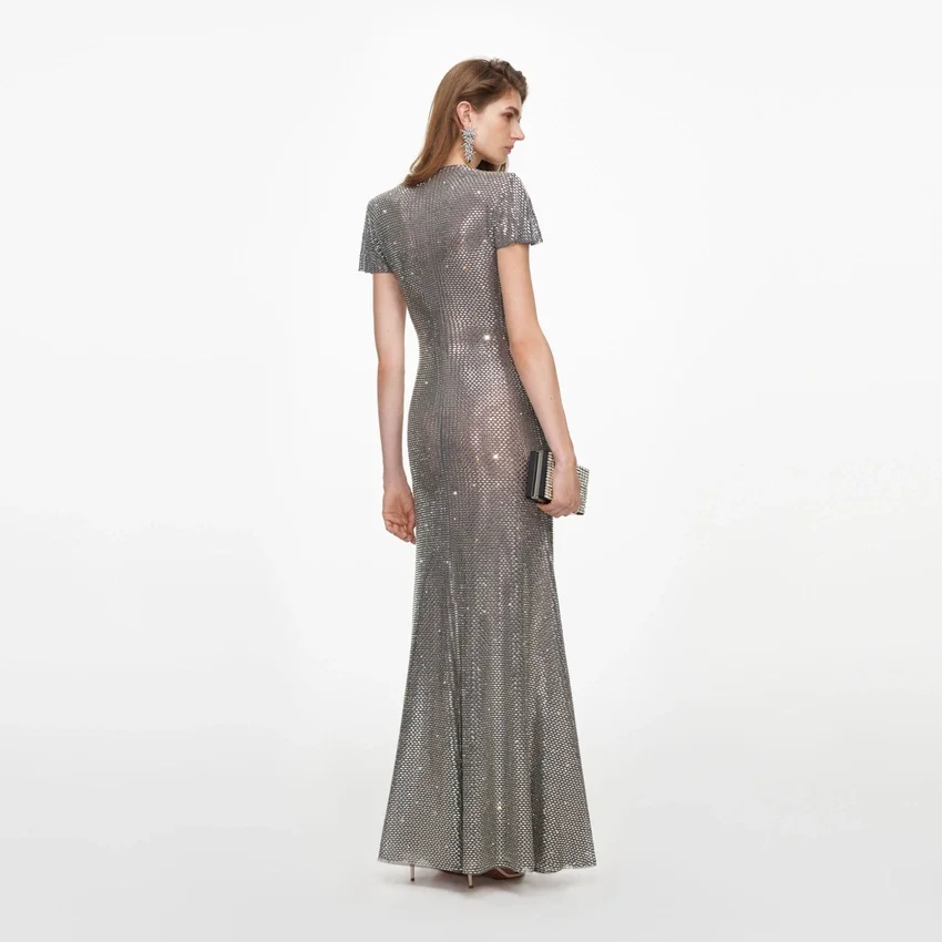Grey Rhinestone Mesh Wrap Maxi Dress Grey Rhinestone Mesh Wrap Maxi Dress