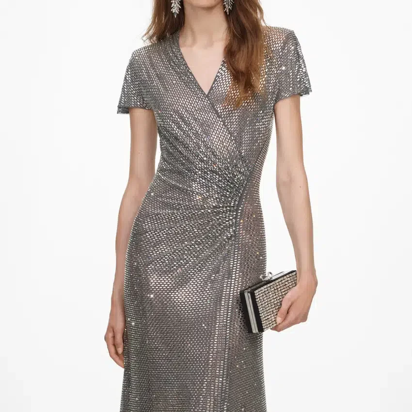 Grey Rhinestone Mesh Wrap Maxi Dress Grey Rhinestone Mesh Wrap Maxi Dress