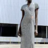 Grey Rhinestone Mesh Wrap Maxi Dress Grey Rhinestone Mesh Wrap Maxi Dress