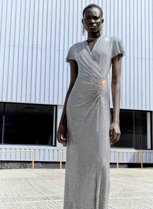 Grey Rhinestone Mesh Wrap Maxi Dress Grey Rhinestone Mesh Wrap Maxi Dress