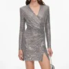 Grey Rhinestone Mesh Wrap Mini Dress Grey Rhinestone Mesh Wrap Mini Dress
