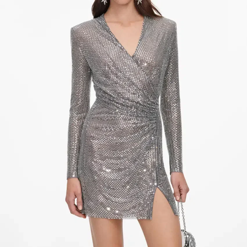 Grey Rhinestone Mesh Wrap Mini Dress Grey Rhinestone Mesh Wrap Mini Dress
