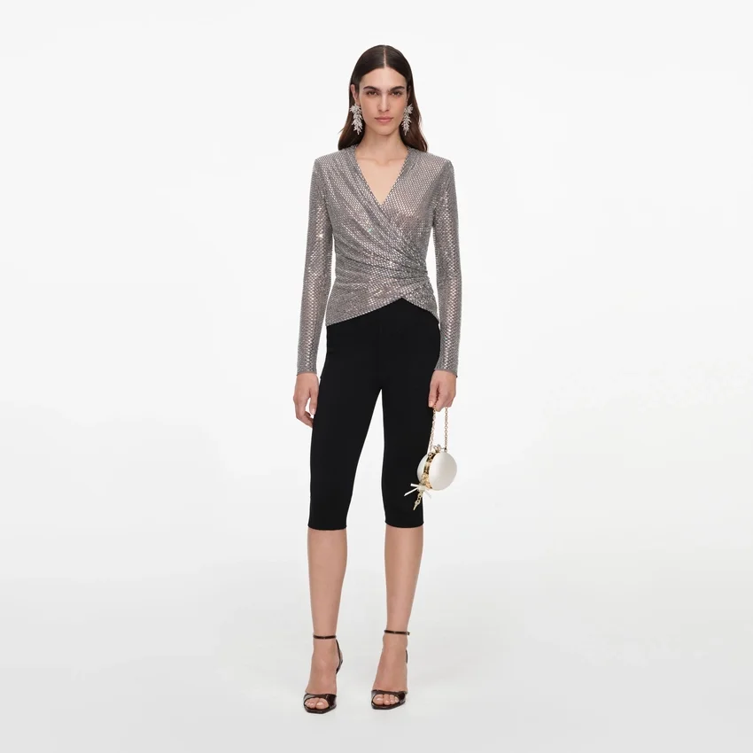 Grey Rhinestone Mesh Wrap Top Grey Rhinestone Mesh Wrap Top