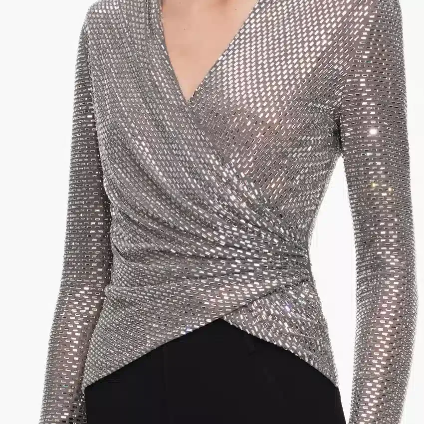 Grey Rhinestone Mesh Wrap Top Grey Rhinestone Mesh Wrap Top