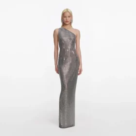 Grey Rhinestone One Shoulder Maxi Dress