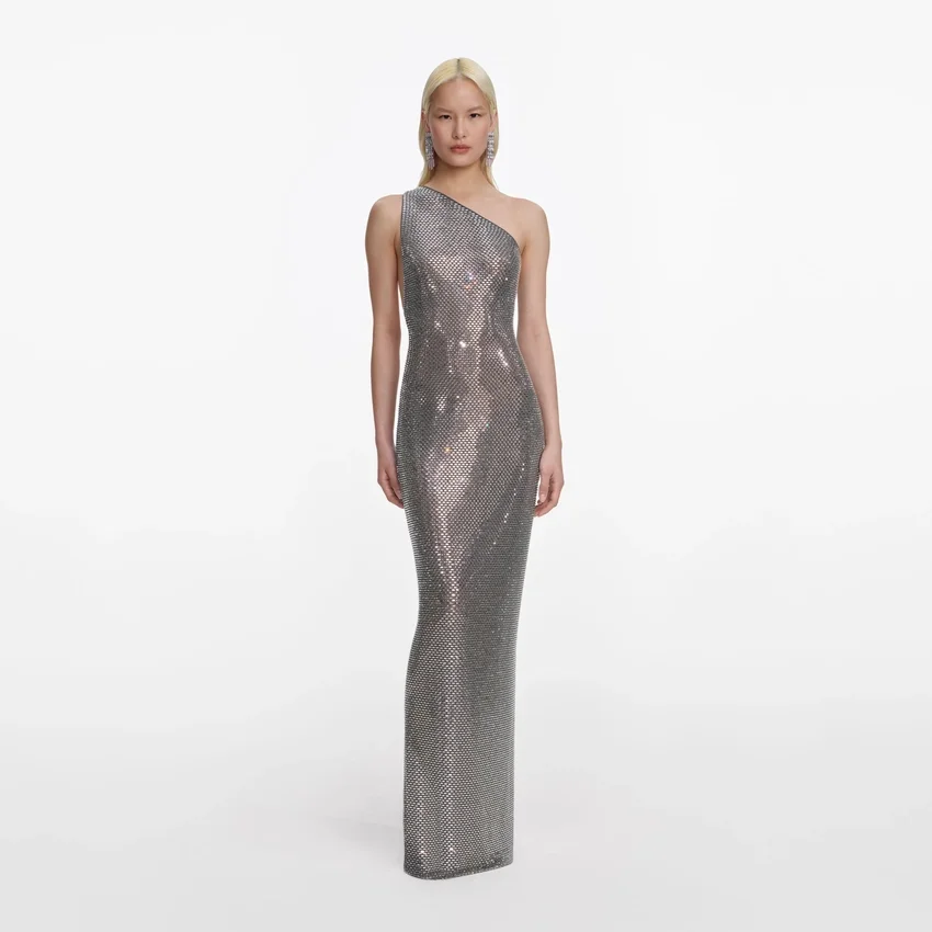 Grey Rhinestone One Shoulder Maxi Dress Grey Rhinestone One Shoulder Maxi Dress