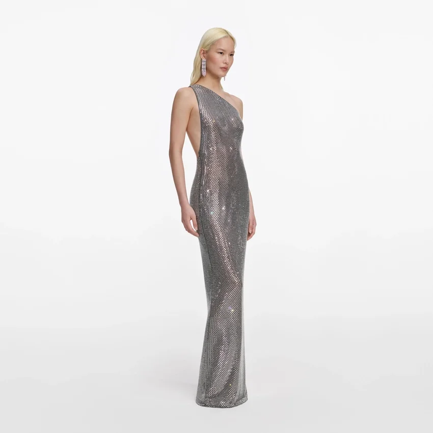 Grey Rhinestone One Shoulder Maxi Dress Grey Rhinestone One Shoulder Maxi Dress
