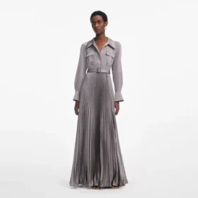 Grey Satin Pleated Maxi Dress