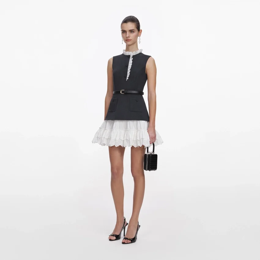 Grey Tailored Cotton Frill Mini Dress Grey Tailored Cotton Frill Mini Dress