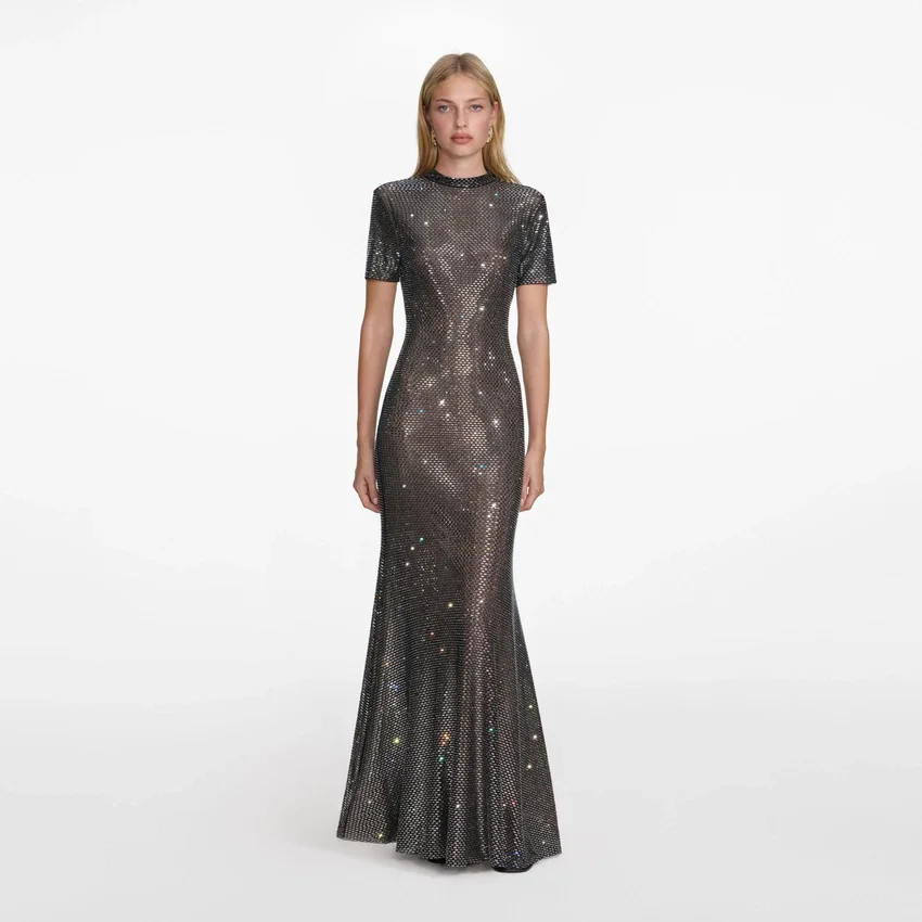 Gunmetal Rhinestone Mesh Maxi Dress Gunmetal Rhinestone Mesh Maxi Dress