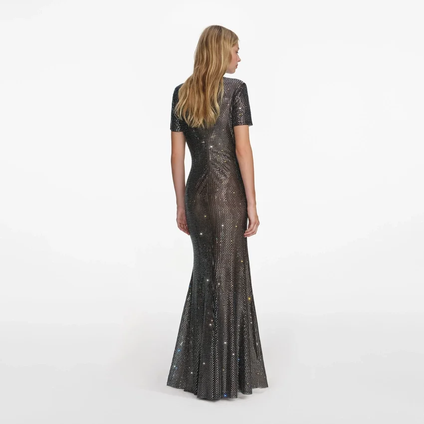 Gunmetal Rhinestone Mesh Maxi Dress Gunmetal Rhinestone Mesh Maxi Dress