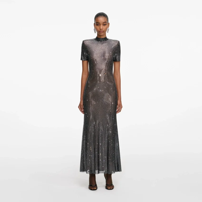 Gunmetal Rhinestone Mesh Midi Dress Gunmetal Rhinestone Mesh Midi Dress