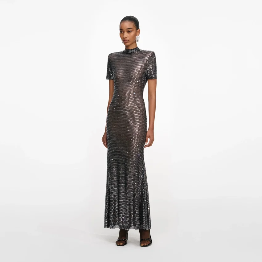 Gunmetal Rhinestone Mesh Midi Dress Gunmetal Rhinestone Mesh Midi Dress