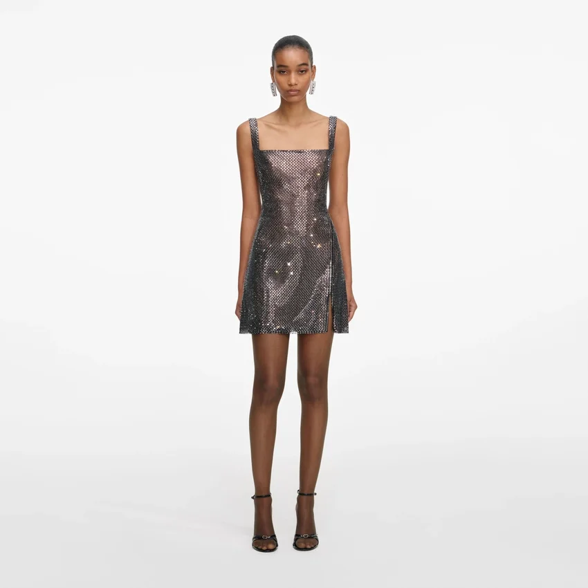Gunmetal Rhinestone Mesh Mini Dress Gunmetal Rhinestone Mesh Mini Dress