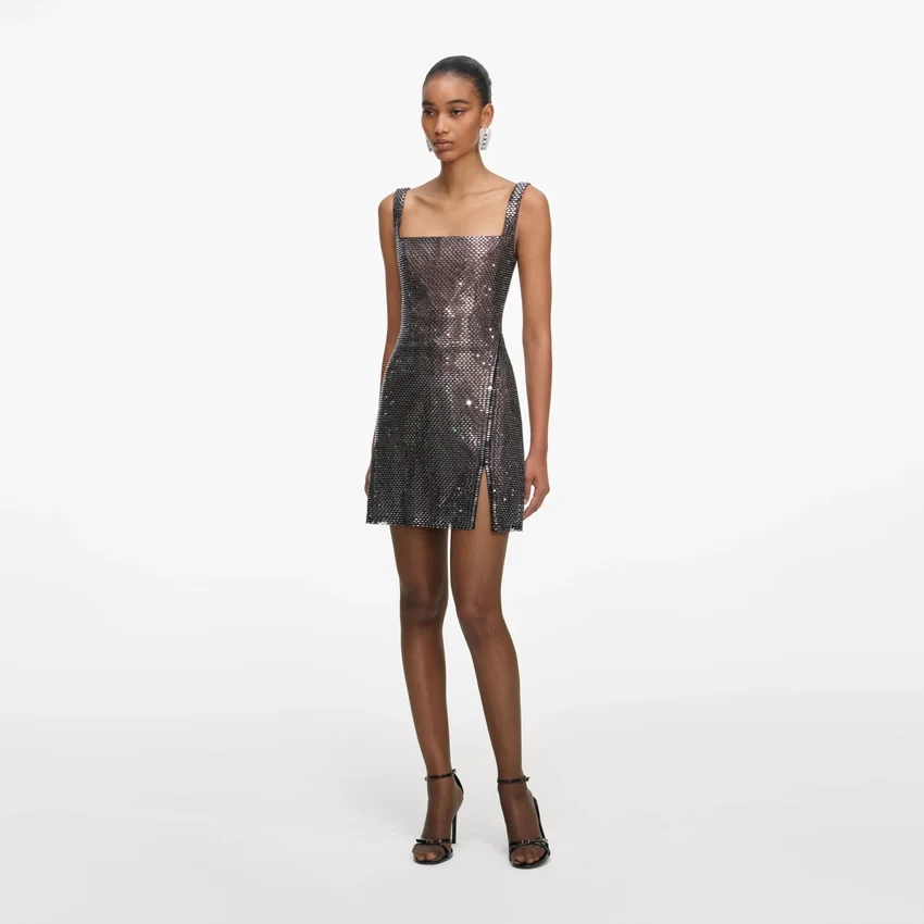 Gunmetal Rhinestone Mesh Mini Dress Gunmetal Rhinestone Mesh Mini Dress