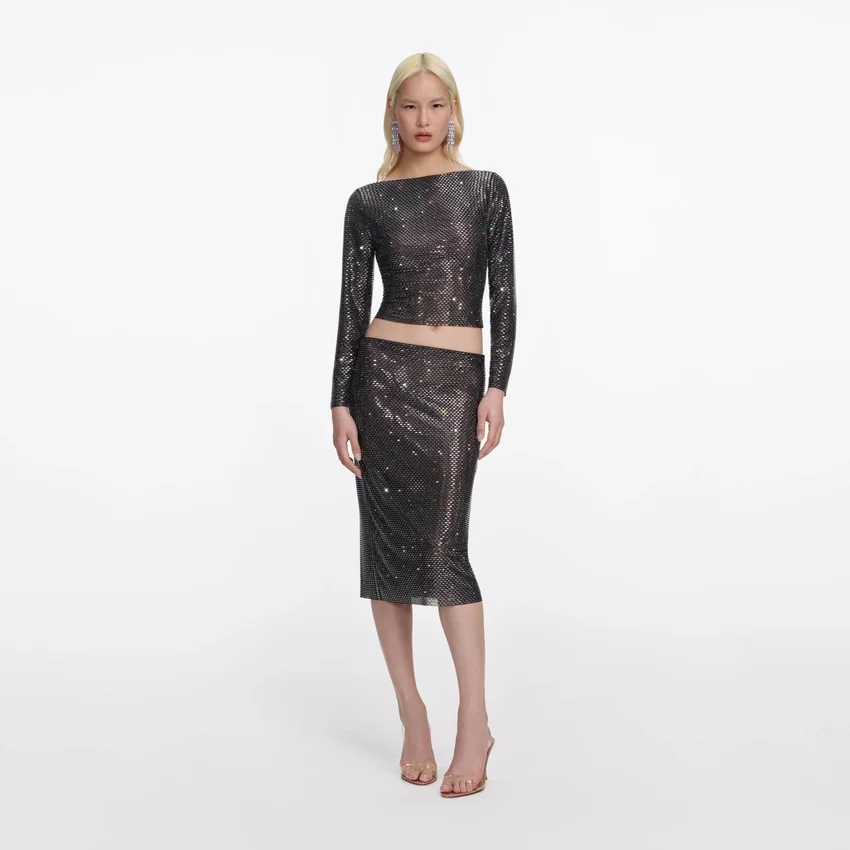 Gunmetal Rhinestone Midi Skirt Gunmetal Rhinestone Midi Skirt