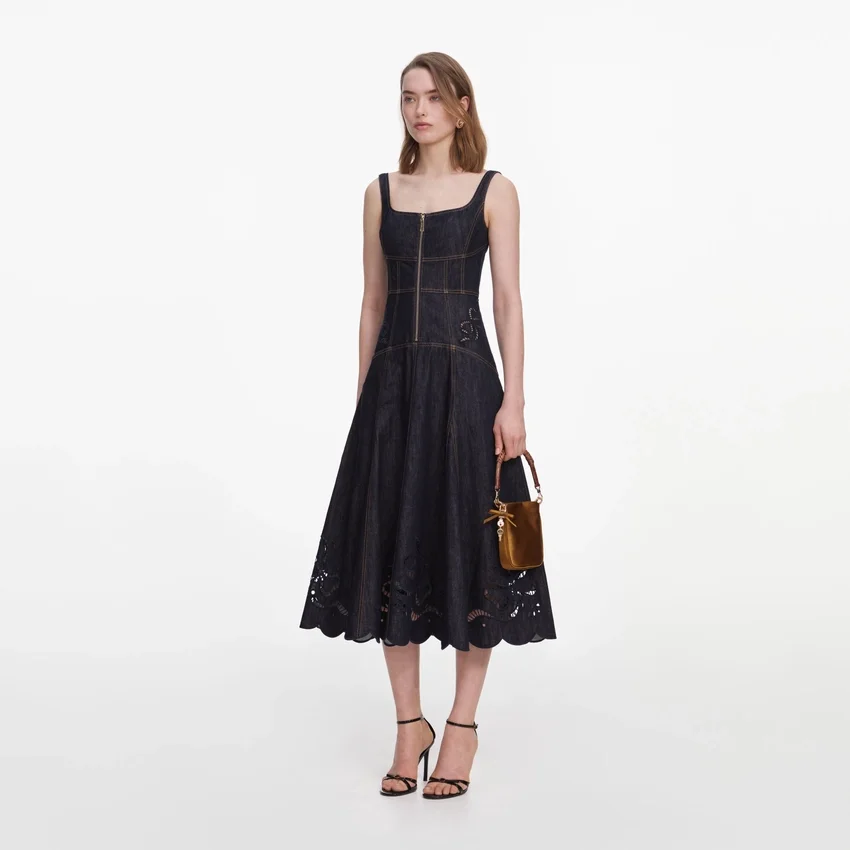 Indigo Denim Bow Embroidered Midi Dress Indigo Denim Bow Embroidered Midi Dress