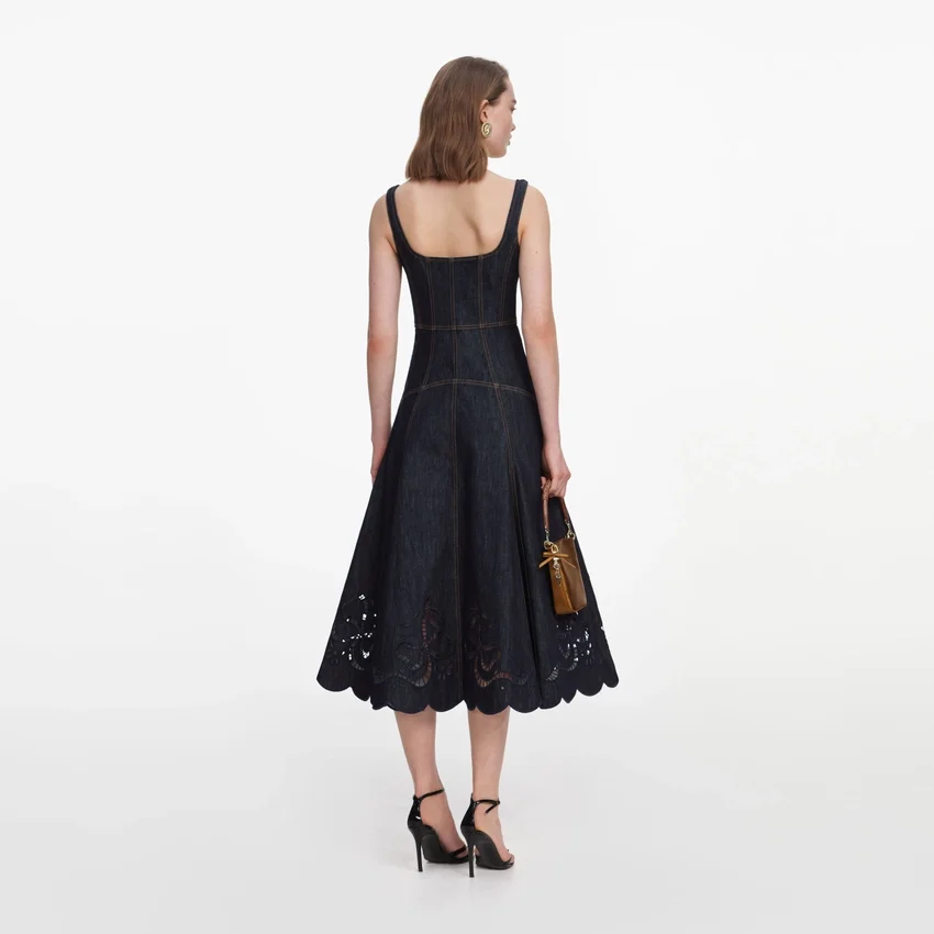 Indigo Denim Bow Embroidered Midi Dress Indigo Denim Bow Embroidered Midi Dress