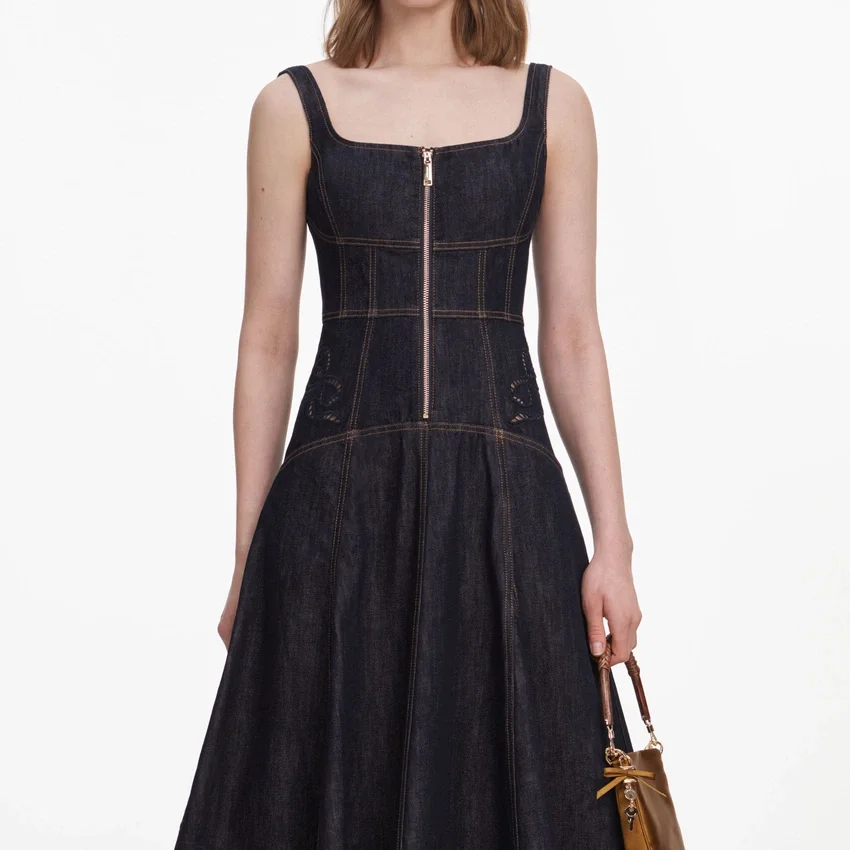 Indigo Denim Bow Embroidered Midi Dress Indigo Denim Bow Embroidered Midi Dress