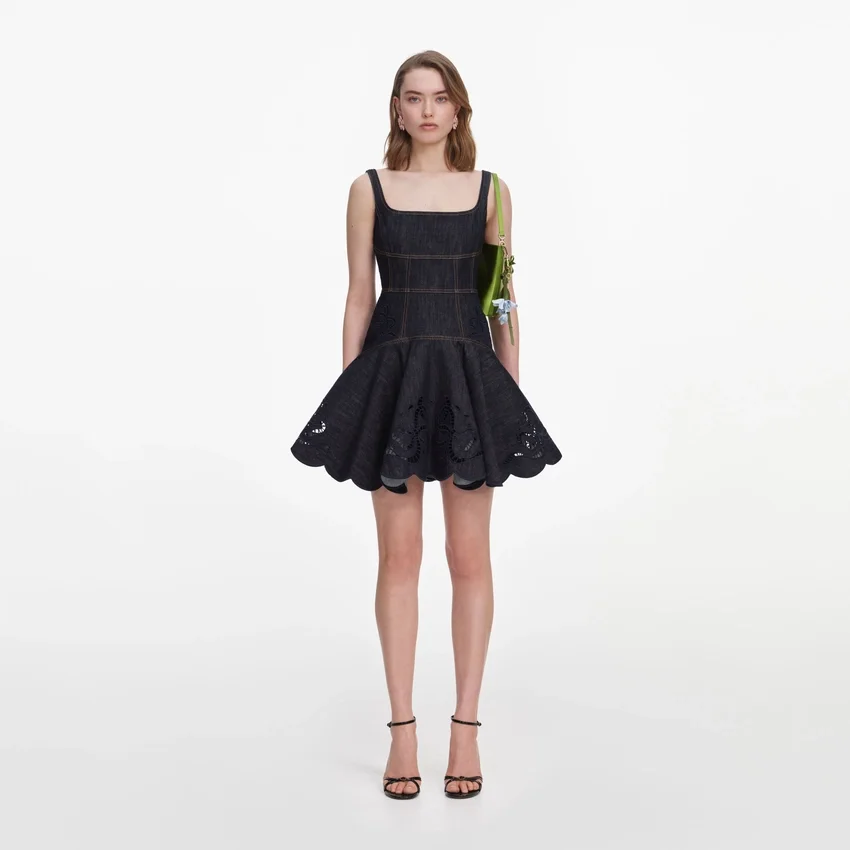 Indigo Denim Bow Embroidered Mini Dress Indigo Denim Bow Embroidered Mini Dress