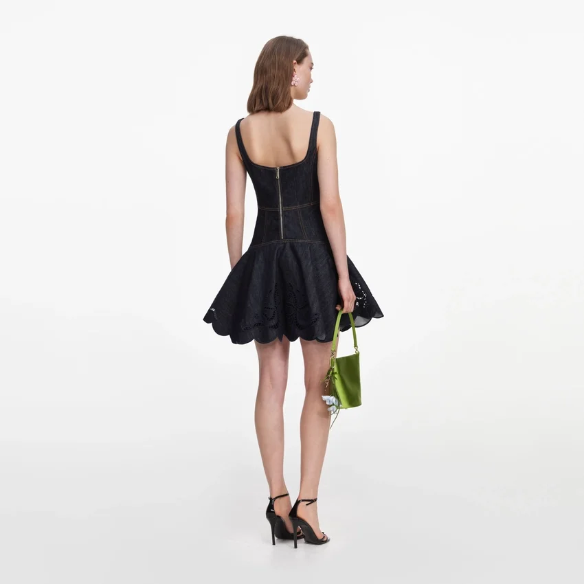 Indigo Denim Bow Embroidered Mini Dress Indigo Denim Bow Embroidered Mini Dress