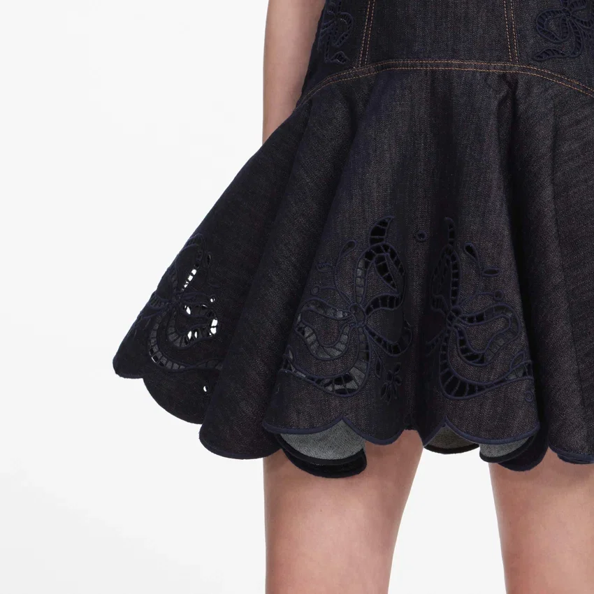 Indigo Denim Bow Embroidered Mini Dress Indigo Denim Bow Embroidered Mini Dress