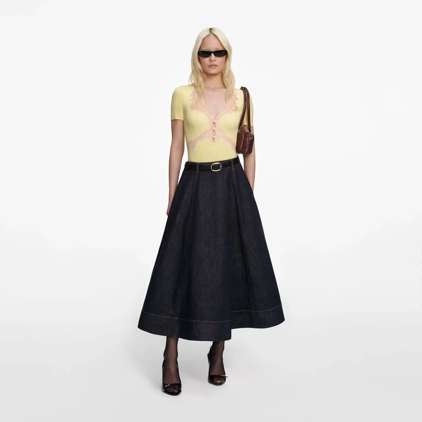 Indigo Denim Flared Midi Skirt Indigo Denim Flared Midi Skirt
