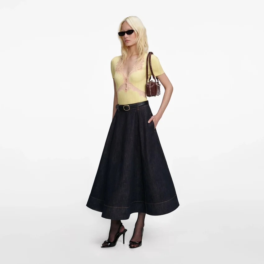 Indigo Denim Flared Midi Skirt Indigo Denim Flared Midi Skirt