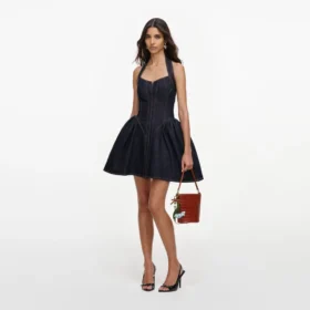 Indigo Denim Halterneck Flared Mini Dress