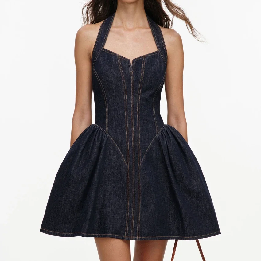 Indigo Denim Halterneck Flared Mini Dress Indigo Denim Halterneck Flared Mini Dress