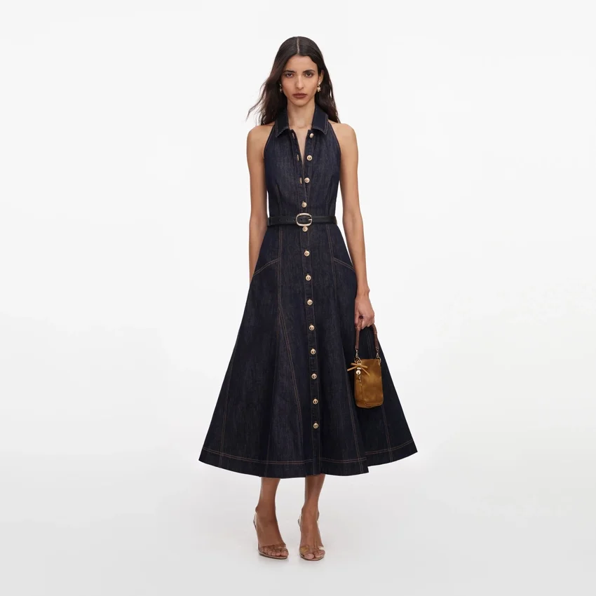 Indigo Denim Halterneck Midi Dress Indigo Denim Halterneck Midi Dress