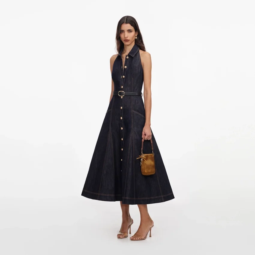 Indigo Denim Halterneck Midi Dress Indigo Denim Halterneck Midi Dress