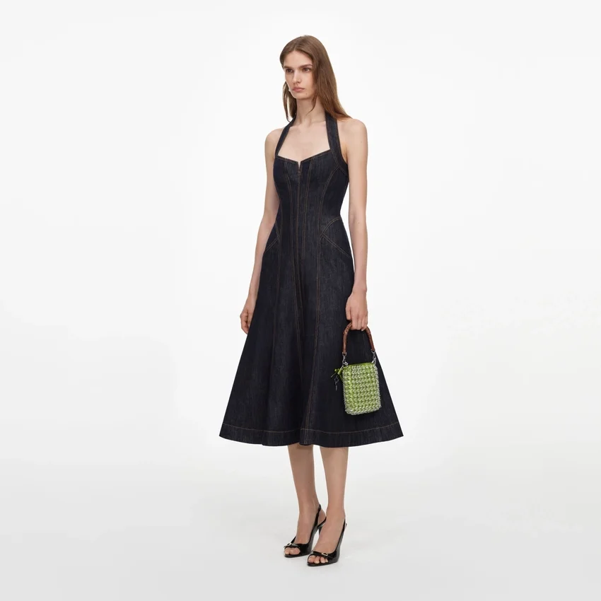 Indigo Denim Halterneck Midi Dress Indigo Denim Halterneck Midi Dress