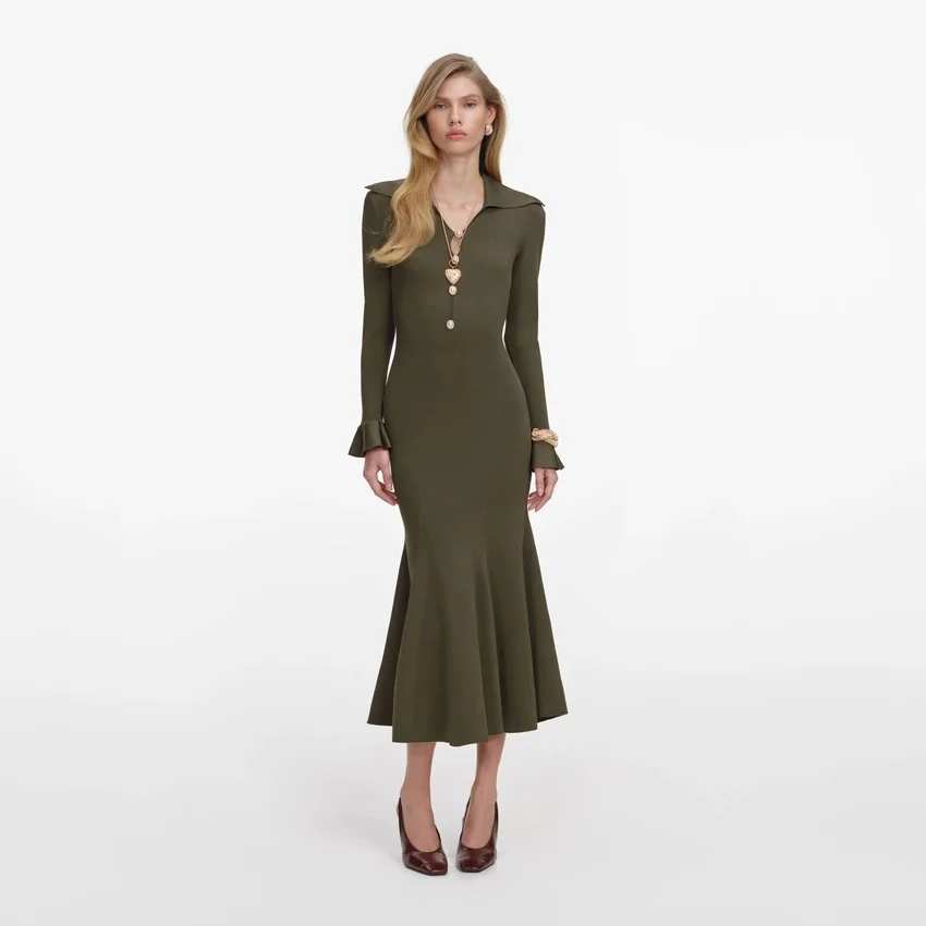 Khaki Pointelle Knit Midi Dress Khaki Pointelle Knit Midi Dress