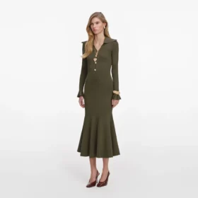 Khaki Pointelle Knit Midi Dress