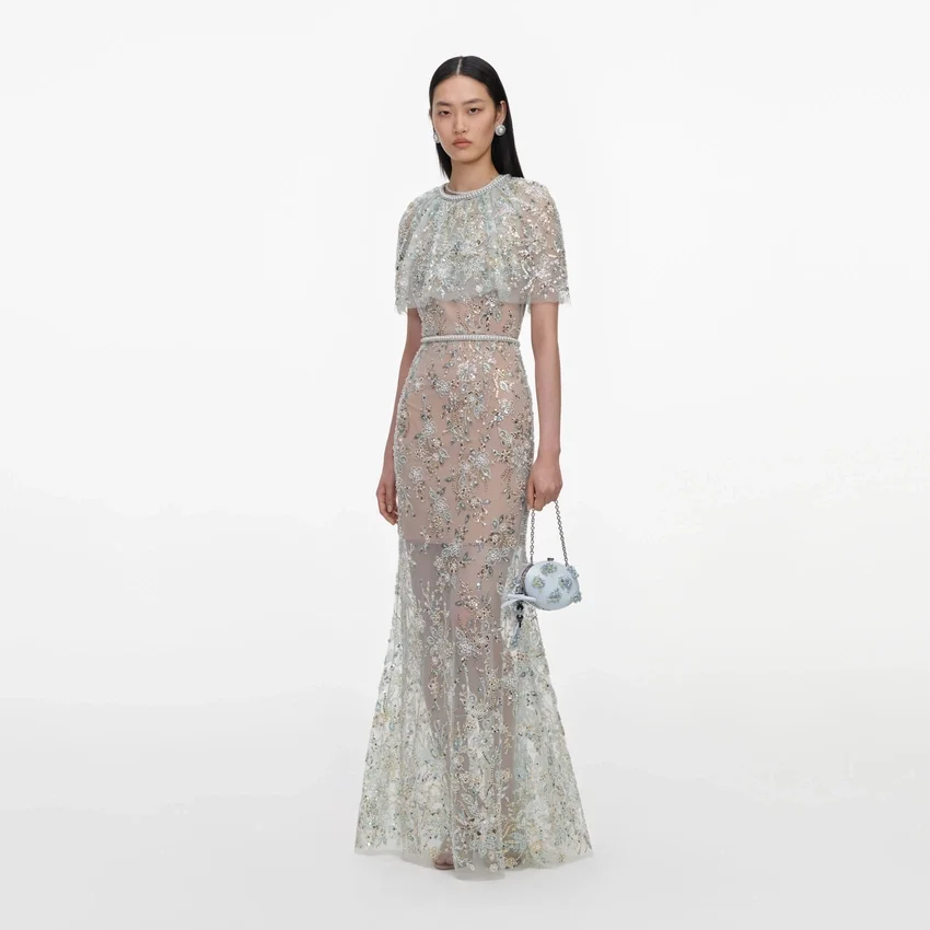 Mint Embellished Cape Maxi Dress Mint Embellished Cape Maxi Dress