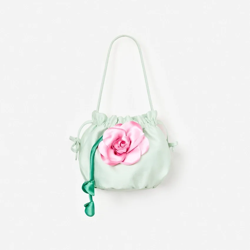 Mint Taffeta 3D Flower Pouch Bag Mint Taffeta 3D Flower Pouch Bag