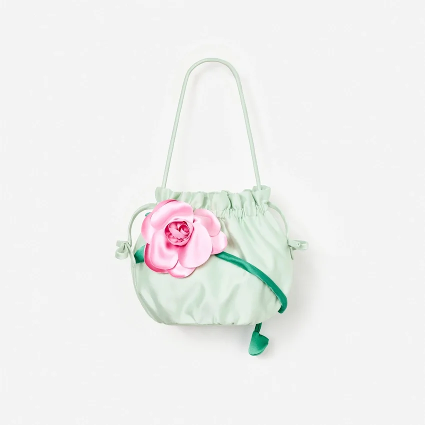 Mint Taffeta 3D Flower Pouch Bag Mint Taffeta 3D Flower Pouch Bag