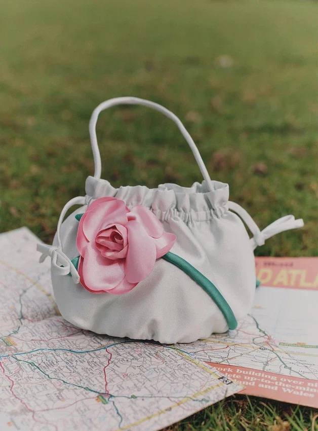 Mint Taffeta 3D Flower Pouch Bag Mint Taffeta 3D Flower Pouch Bag