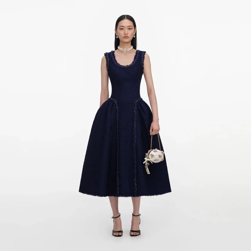 Navy Boucle Midi Dress Navy Boucle Midi Dress