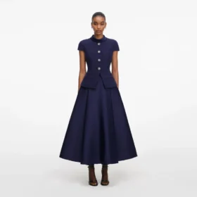 Navy Boucle Taffeta Midi Dress
