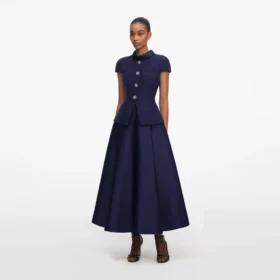 Navy Boucle Taffeta Midi Dress