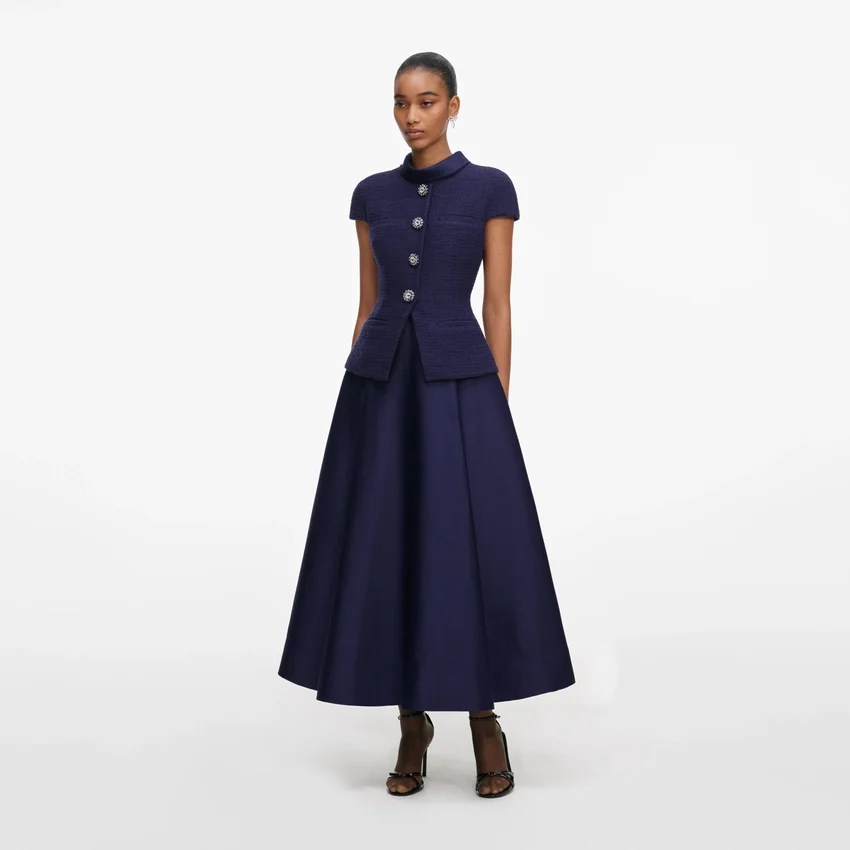 Navy Boucle Taffeta Midi Dress Navy Boucle Taffeta Midi Dress