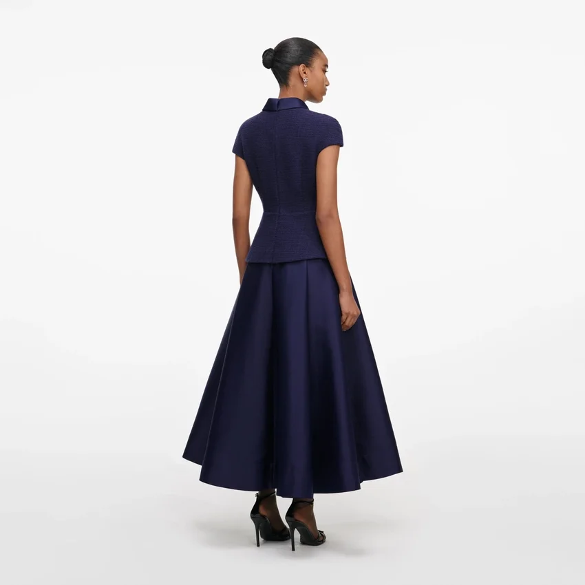 Navy Boucle Taffeta Midi Dress Navy Boucle Taffeta Midi Dress