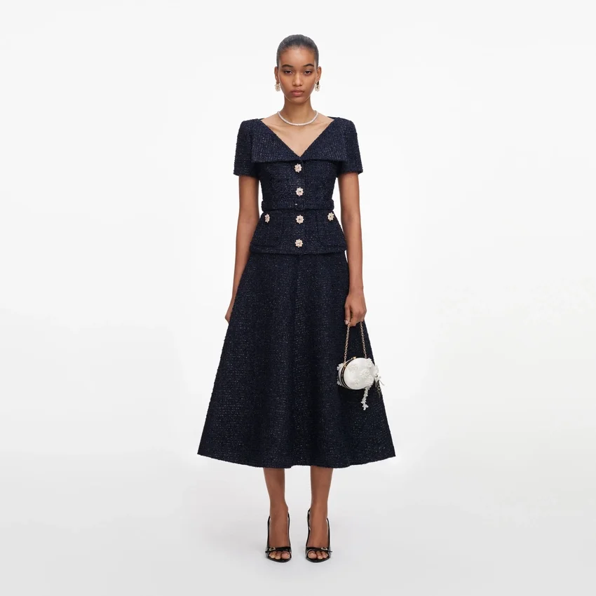 Navy Boucle Tailored Midi Dress Navy Boucle Tailored Midi Dress