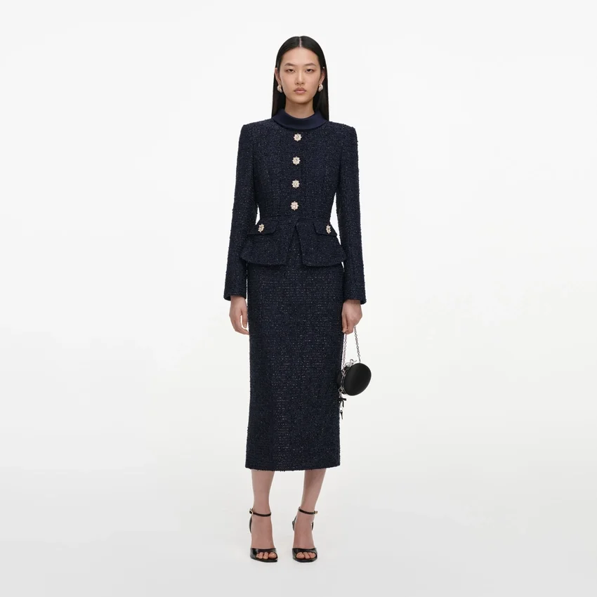 Navy Boucle Tailored Midi Dress Navy Boucle Tailored Midi Dress