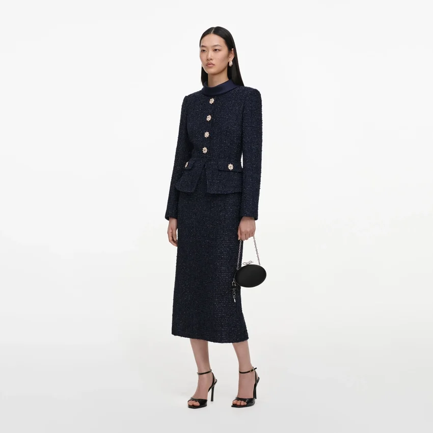 Navy Boucle Tailored Midi Dress Navy Boucle Tailored Midi Dress