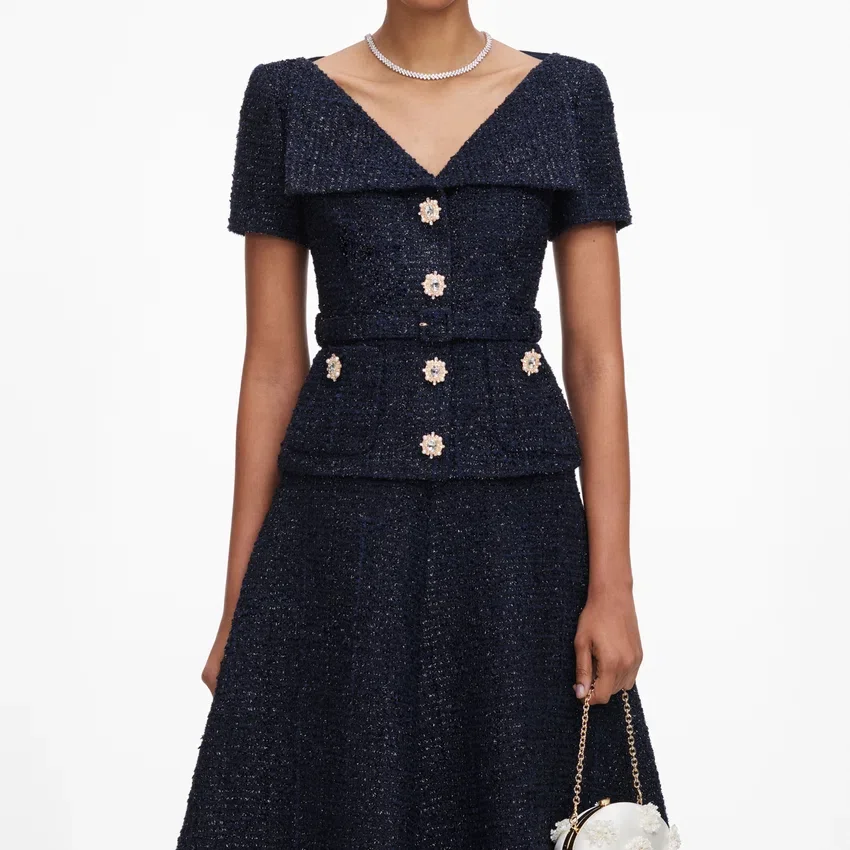 Navy Boucle Tailored Midi Dress Navy Boucle Tailored Midi Dress