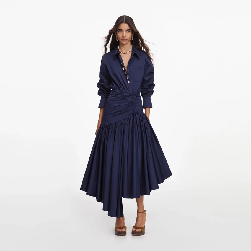 Navy Cotton Asymmetric Midi Dress Navy Cotton Asymmetric Midi Dress