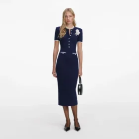 Navy Crochet Flower Knit Midi Dress Navy Crochet Flower Knit Midi Dress
